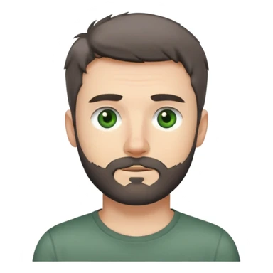 white man with dark messy short hair, dark green eyes, gray t-shirt, and short beard sticker