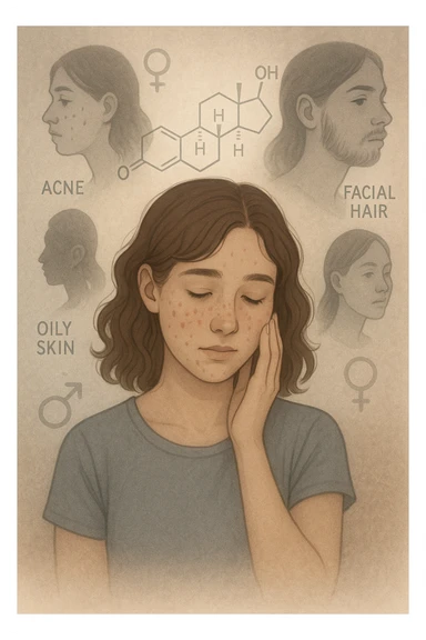 A young woman is surrounded by faint overlays of hormonal symbols and androgen molecules, with shadowy images of acne, facial hair, and oily skin projected around her, symbolizing the symptoms of PCOS with androgen excess. She looks down, gently touching her face with a resigned but hopeful expression, symbolizing her journey toward managing these symptoms. sticker