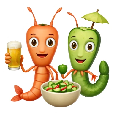 Create a modern emoji-style illustration of two shrimp characters, friendly and cool, slightly cartoon but stylish, not childish.
They are toasting (‘salud’), one shrimp holding a beer mug with aguachile topping, the other holding a fresh aguachile bowl with cucumber and chili.
  sticker