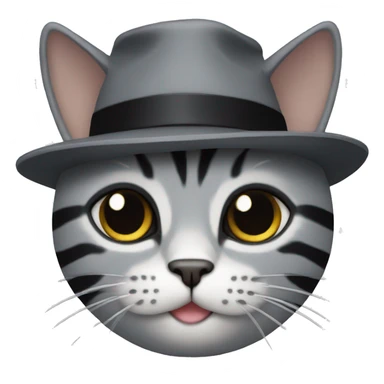 a gray cat with black stripes with a black hat sticker