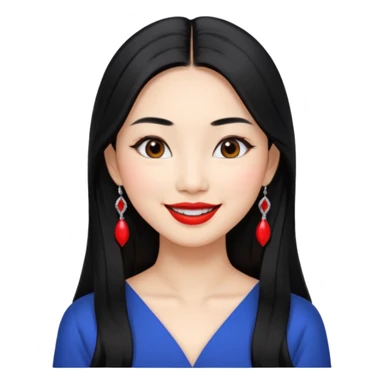 30 yr old asian woman, middle parted straight long black hair, very pretty, fancy dress, earings, red lipstick, silver earings sticker