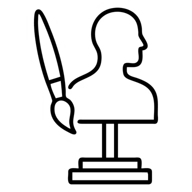 A paintbrush morphing into a metal human sculpture silhouette, symbol of artistic identity, on a display stand sticker