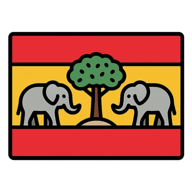 flag design with Spain's red and yellow colors, stylized syrissa tree in the center, elephant on each side, balanced emblematic composition sticker