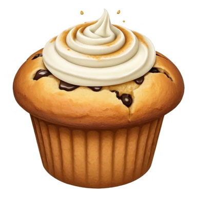 A tube squirting cream into a hole in a muffin sticker