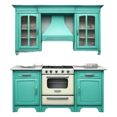 Isolated full length Realistic turquoise vintage retro kitchen range with cabinets and counters. sticker