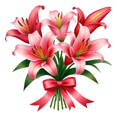 Shell Pink color lilies bouquet and silk ribbon of Scarlet color sticker