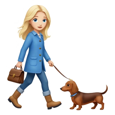 blonde girl with long hair and blue eyes walking with a dachshund sticker