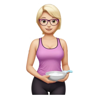 Seductive, Curvy fair skinned woman, short blond hair, small light purple reading glasses, washing dishes, SFW sheer pink tank top, without undergarments showing natural breast shape SFW, black yoga pants, thick booty sticker