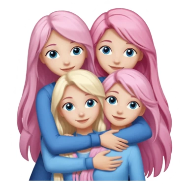 four white grips hugging and smiling    One girl with long light pink hair and blue eyes, one girl with blue eyes and light blonde hair, and 2 girls with brown eyes and long dark brown hair. sticker