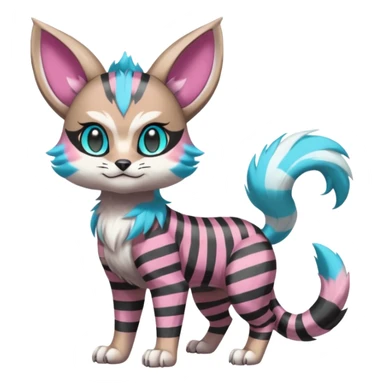 Black and pink-striped Colorful Skilled Adept Graceful Asian Painted WereGarurumon-Meloetta-Ursaring-Furret-fusion-hybrid-creature (full body) with cyan rings around eyes, tufted lynx ears sticker