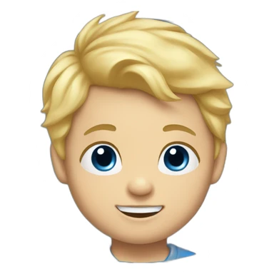 A baby boy with blonde hair, blue eyes and a blue t-shirt and with teeth sticker