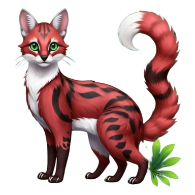 Colorful dark tropical sanguine-red, black, white fur, with green eyes, iridescent glorious divine exotic cute cool beautiful shiny beautiful floral fantasy-caracal-civet-genet-sergal-vernid-Cacomistle-oncilla-animal-Fakémon-hybrid-fursona with pattern markings (full body) sticker