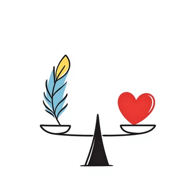 A simple scale balancing a colorful feather and a red heart, representing emotional balance and lightness. Colorful hand-drawn doodle style with blues, reds, and yellows. sticker