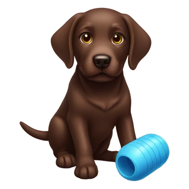 Chocolate Labrador playing with toy sticker