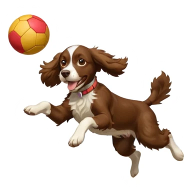 brown English springer spaniel jumping for joy on a Northumberland beach with a bag of balls sticker