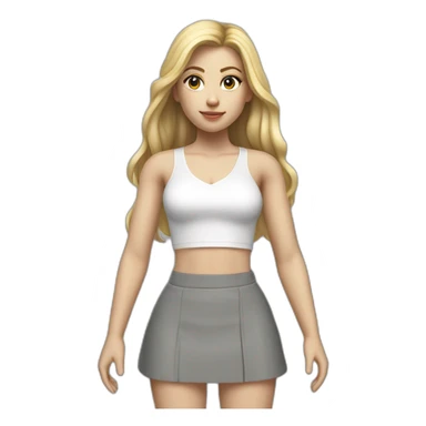 hyperrealistic caucasian female, long straight blonde hair, white-lace-up-crop-top, grey mini skirt, body view sticker