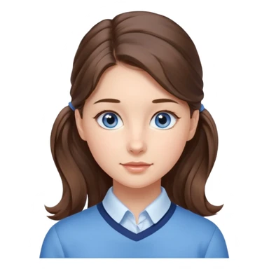 Realistic Student Portrait, with porcelain-like skin featuring a natural rosy flush, illuminated by soft lighting that highlights the gentle contours of her face. Her Brunette pony tail hair flows in soft, Her deep blue eyes radiate warmth and innocence,  wear light blue preppy style. sticker