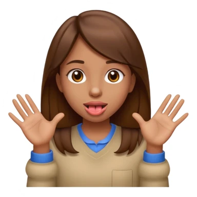An emoji of a girl with brown eyes and hair holding two hands to her side and with her tongue out in between sticker
