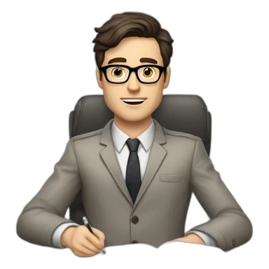 Pale skinned Fit Man With dark brown hair in gray jacket with emblem Ψ, beige office shirt and vintage glasses sitting In a soft chair with a notebook and a pen in his hands sticker