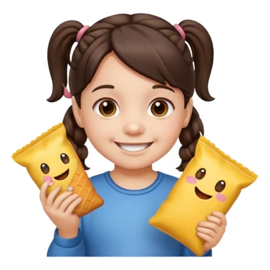 Toddler emoji with two pigtails dark brown hair, fair skin, holding snacks sticker