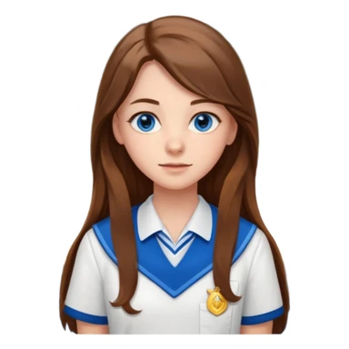 high school class room with a pretty female high school student with long brown hair, blue eyes sticker