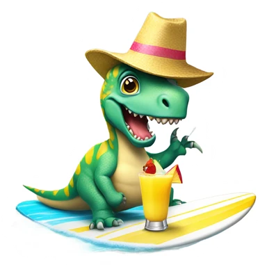 Dinosaur with a party hat on a surfboard drinking piña colada’s ￼ sticker