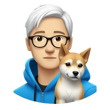 A young guy with long white hair pulled back into a ponytail and white skin and black-framed glasses and nose piercing wearing blue hoodie and a Shiba Inu dog next to him sticker