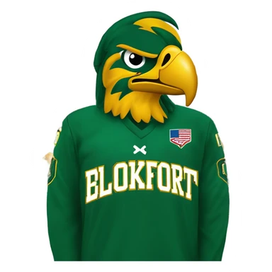the state university of new york college at brockport's mascot Ellsworth the golden eagle, green beak, green jersey, yellow lettering with "brockport" written on front, in front of a christmas tree sticker