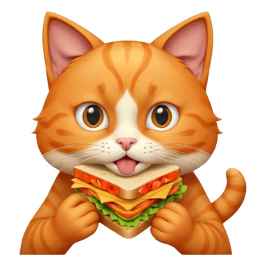 cute orange cat portrait, head and shoulders only, biting a sandwich, funny expression, 3D cartoon, mobile game icon style, clean background, no text, no watermark sticker