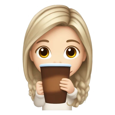 white girl with brown long hair and a hot chocolate sticker