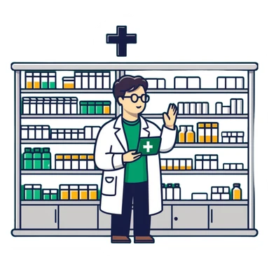 pharmacy shelves, pharmacist, dark green cross sign sticker