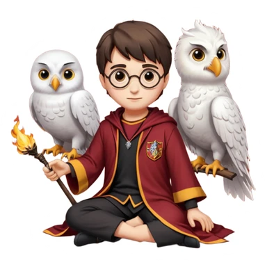 harry potter in gryfinndor uniforn sitting on firebollt hedwig sitting on hand sticker