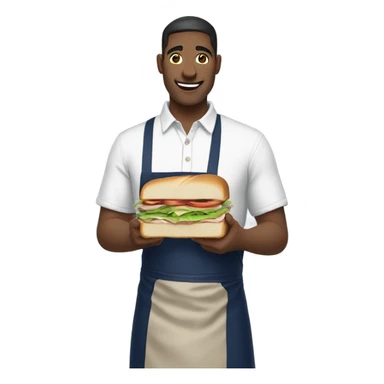 Male man worker with white shirt and navy apron with khakis and hat holding a sandwhich sticker
