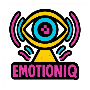 emblem for EmotionIQ: an abstract eye with a digital iris, radiating colorful waves, representing AI analyzing human emotions, futuristic minimal style sticker