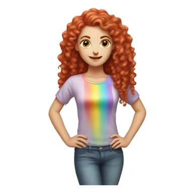 white girl with long red curly hair, wearing a pastel rainbow shirt doing a pose sticker