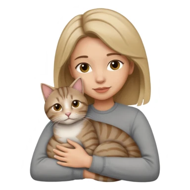 Une femme avec les cheveux dégradée, brun clair et blond, qui fait un câlin à son chat gris, tigré  sticker