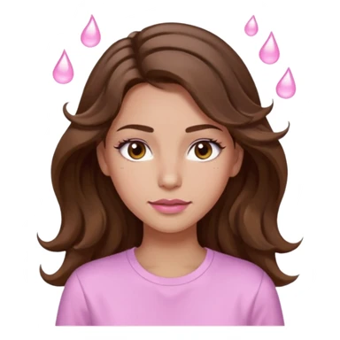 girl with wavy long brown hair, brown eyes, light to medium complexion, long lashes, light pink lipstick, wearing light pink shirt, sweat drops on the forehead sticker