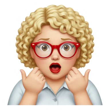 Blonde woman with short curly hair, slightly overweight, wearing red-framed glasses, shouting with hands on both sides of her mouth sticker