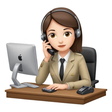 female phone support agent, at desk with computer and phone sticker