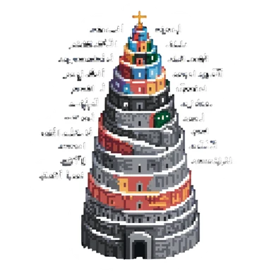 Tower of Babel with multiple languages written around it sticker