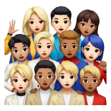 Cinematic Realistic BTS Portrait Emoji, depicted as a dynamic energetic portrayal of the global K-pop group with stylish modern attire and vibrant expressions, rendered with rich textures and bold contemporary lighting that captures their youthful charisma. sticker