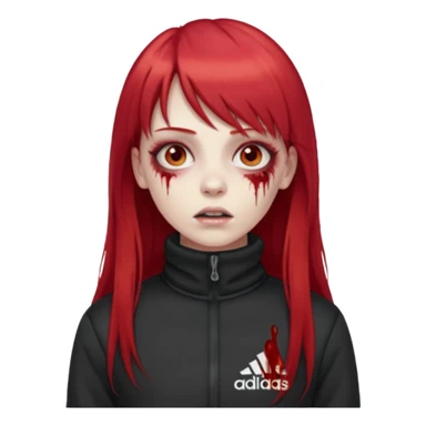 Crie um emoji de uma menina zumbi  com o cabelo vermelho longo com uma franja reta casaco de gola alta da adidas sticker