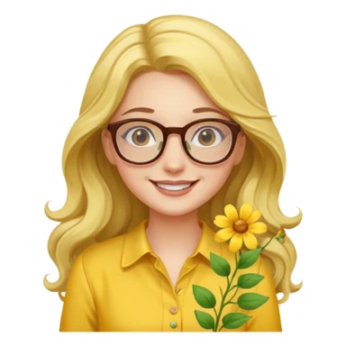 girl with a yellow blouse with flowers, with hair long hair in waves with glasses smiling sticker