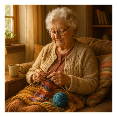 grandma with reading glasses, knitting, cozy setting sticker
