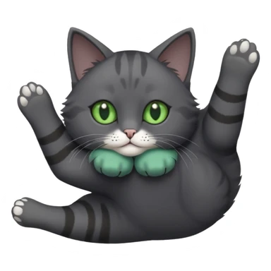 solid dark grey cat with green eyes, completely solid grey face, white toes/paws playing rolling upside down sticker
