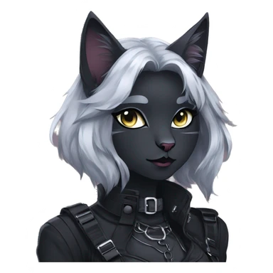 Gorgeous gothic dark techwear anime style anthro cat with blushing face aesthetic and pretty edgy black with collar and harness trending style sticker
