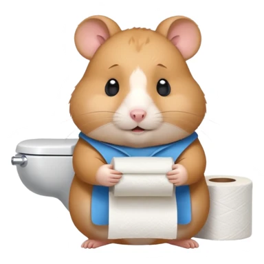 Cute chubby cartoon-style hamster holding toilet paper sitting on toilet looking as if he had an accident, sticker-style illustration sticker
