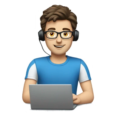 white guy with dark brown hair square glasses typing in laptop wearing blue t-shirt working in call center sticker