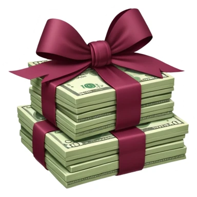 stack of flying money wrapped ina burgundy bow sticker