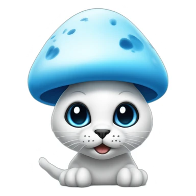 Blue smurf cat with large black eyes wearing a large white mushroom on his head casting a show on his face with a neutral face sticker